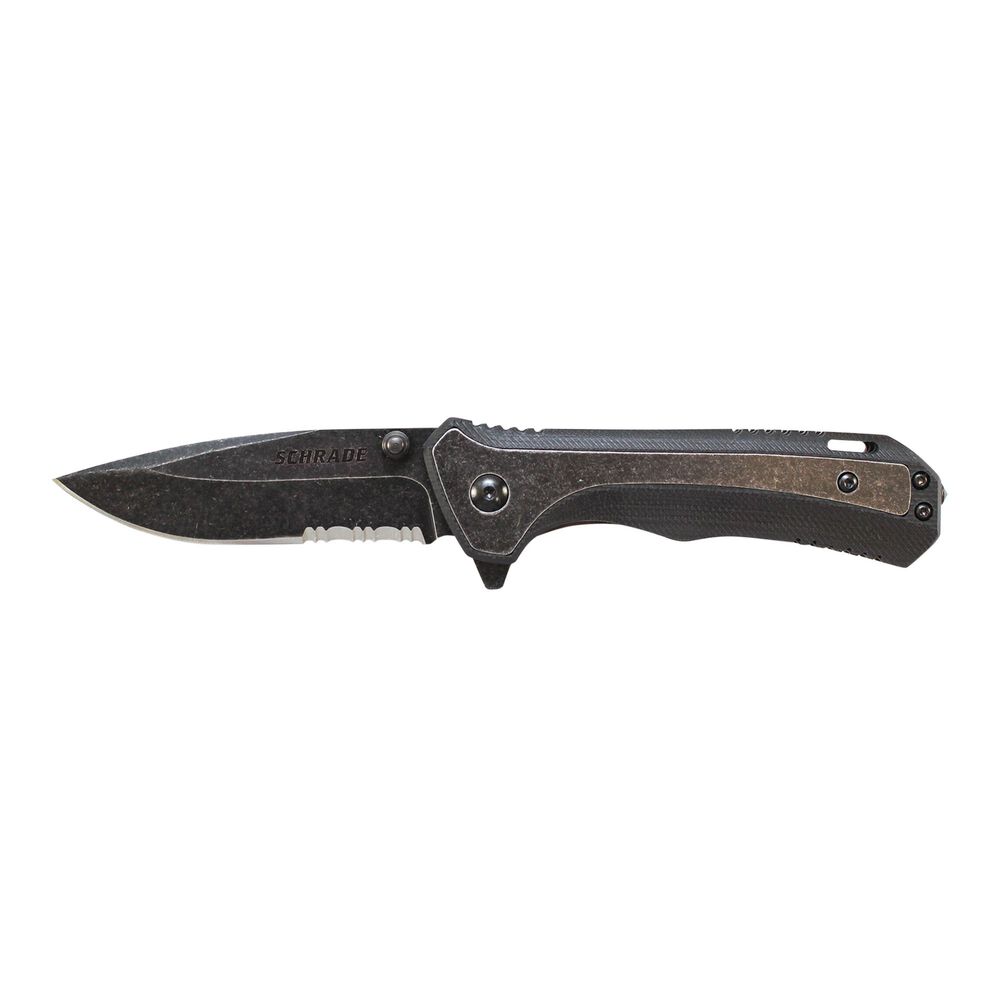 Drop Point Serrated Blade Mottled/Black Handle